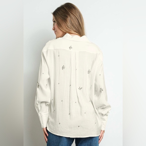 NWT EMERY Rhinestone Embellished Long Sleeve Shirt | Ivory - Picture 5 of 7